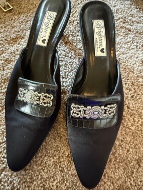 Brighton Black Pointed-Toe Mules with Silver Embellishment
